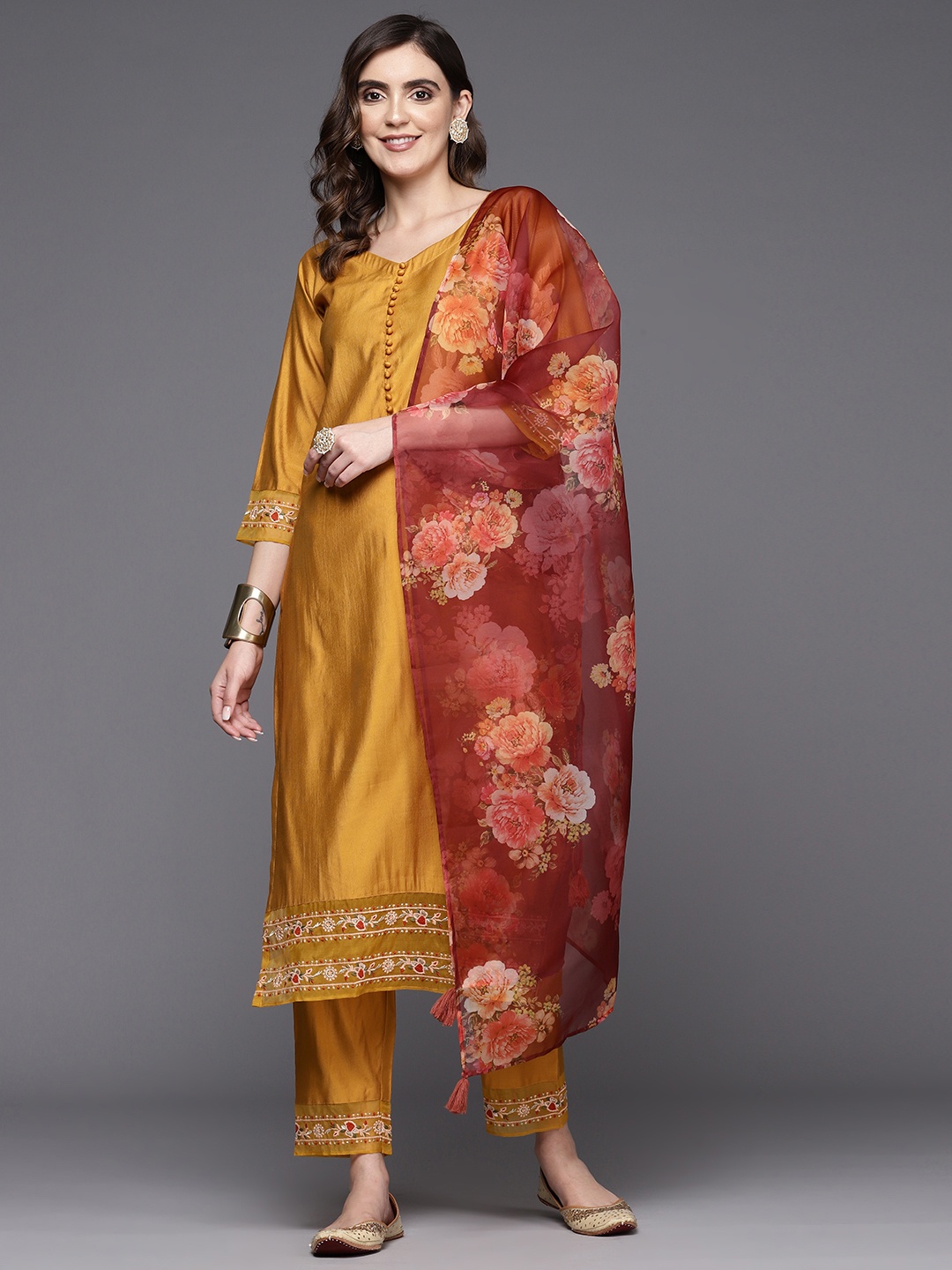 

Indo Era Women Embroidered Liva Kurta with Trousers & Dupatta, Mustard