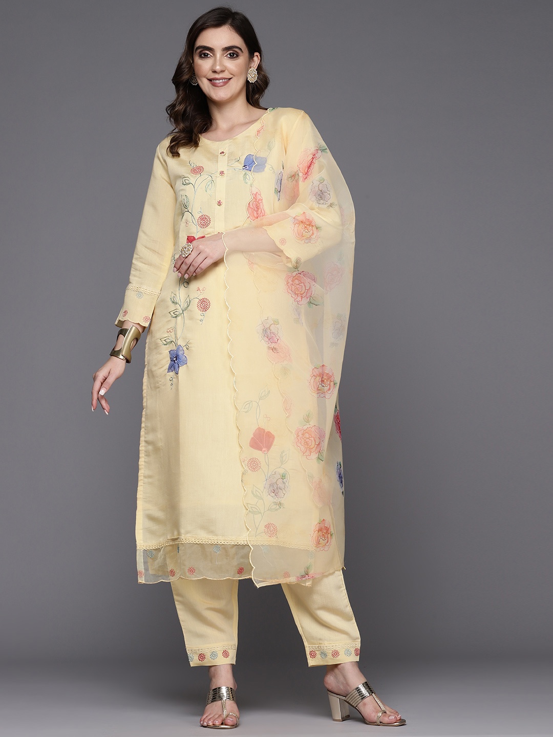 

Indo Era Women Floral Embroidered Patchwork Kurta with Trousers & Dupatta, Yellow