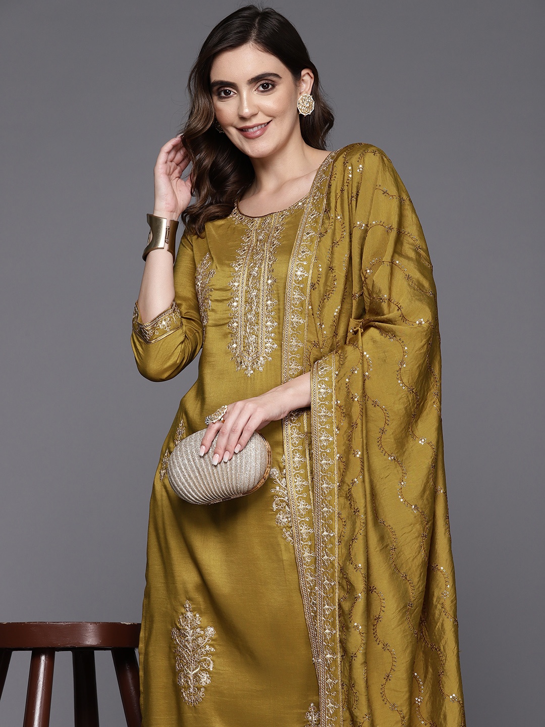 

Indo Era Women Ethnic Motifs Embroidered Regular Sequinned Kurta with Trousers & Dupatta, Mustard