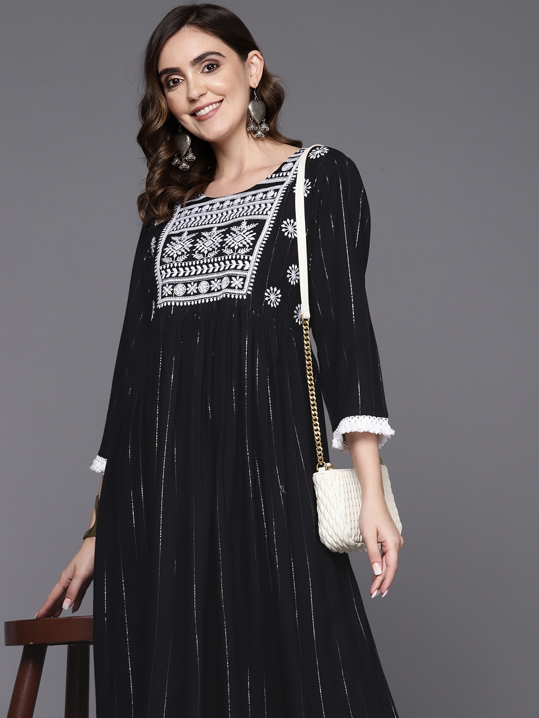 

Indo Era Ethnic Motifs Embroidered A-Line Midi Dress, Black