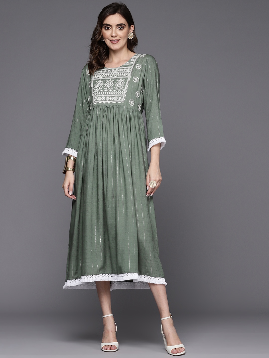 

Indo Era Ethnic Motifs Embroidered A-Line Midi Dress, Olive