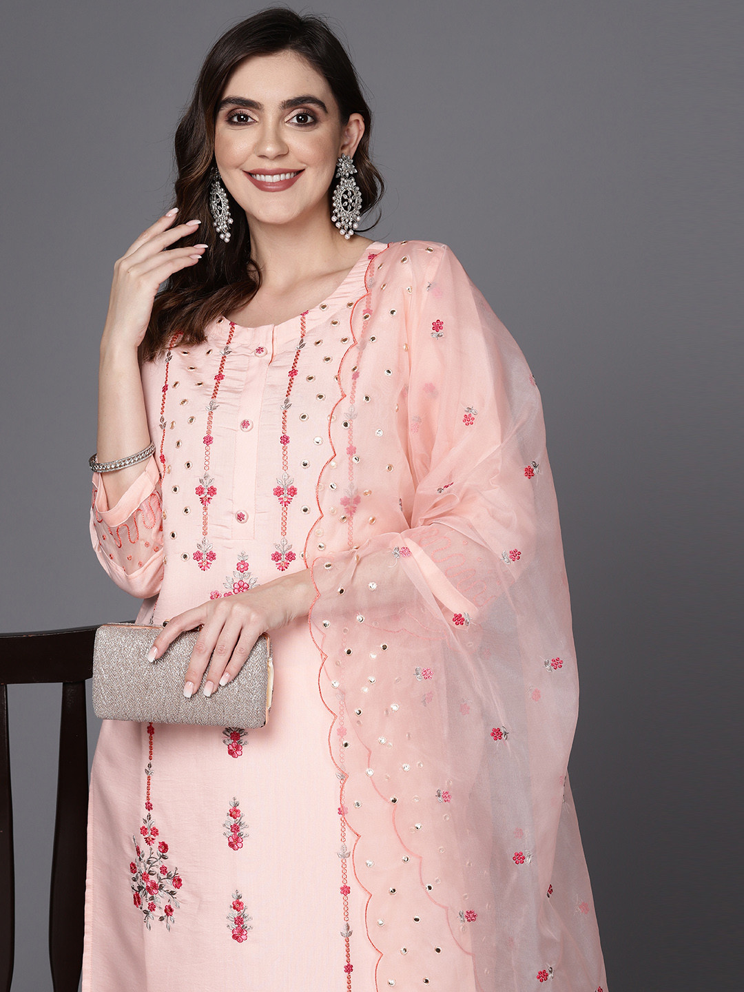 

Indo Era Women Embroidered Sequinned Kurta with Trousers & Dupatta, Peach