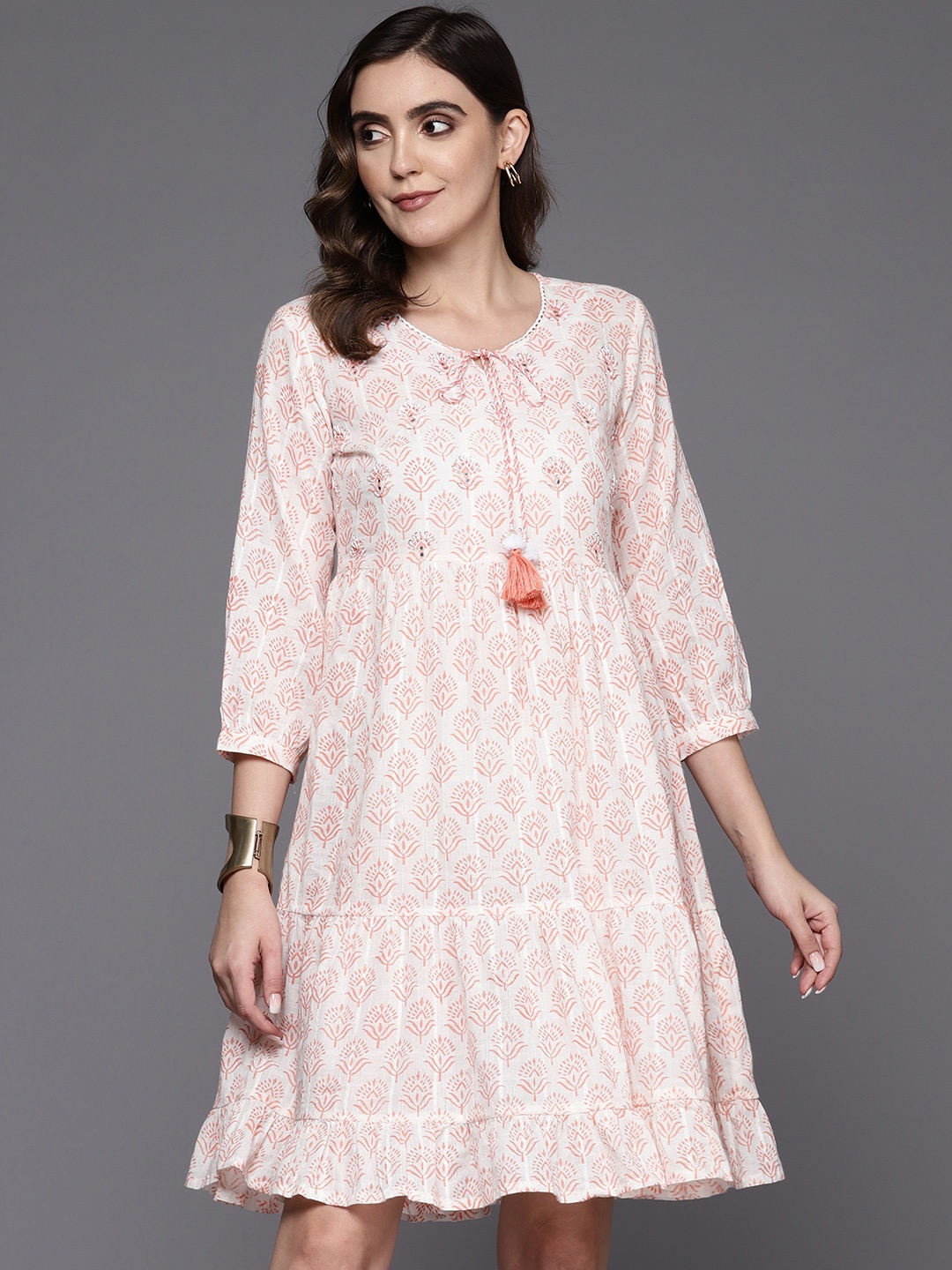 

Indo Era Ethnic Motifs Print Tie-Up Neck Puff Sleeve A-Line Dress, Peach