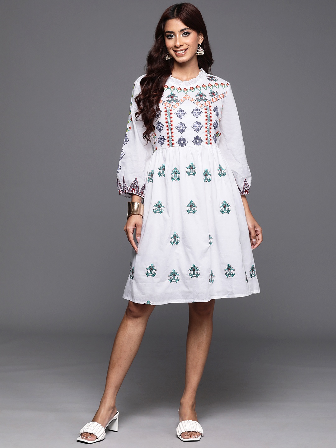 

Indo Era Ethnic Motifs High Neck Embroidered Puff Sleeves A-Line Dress, White