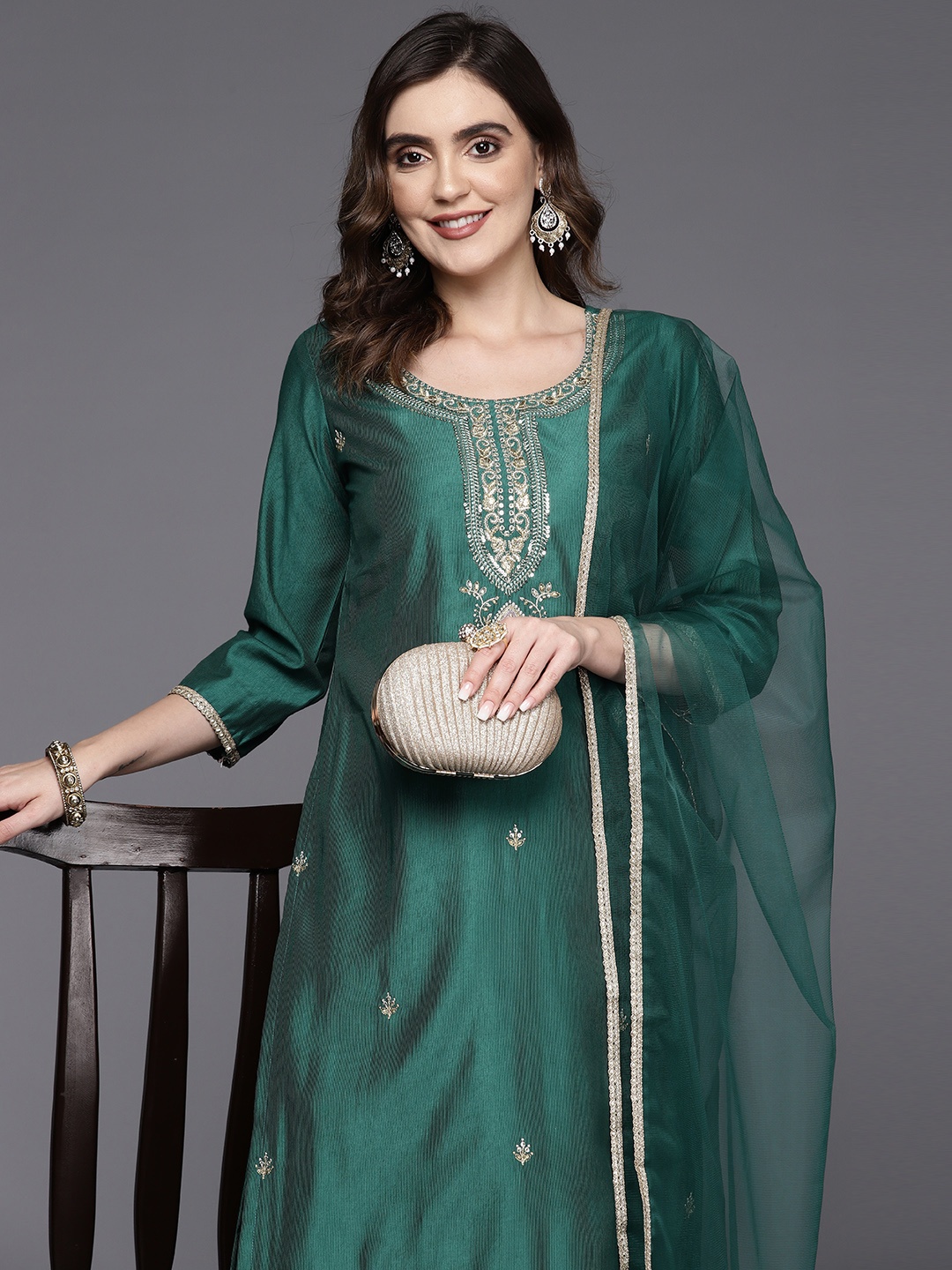 

Indo Era Women Embroidered Sequinned Liva Kurta with Trousers & Dupatta, Teal