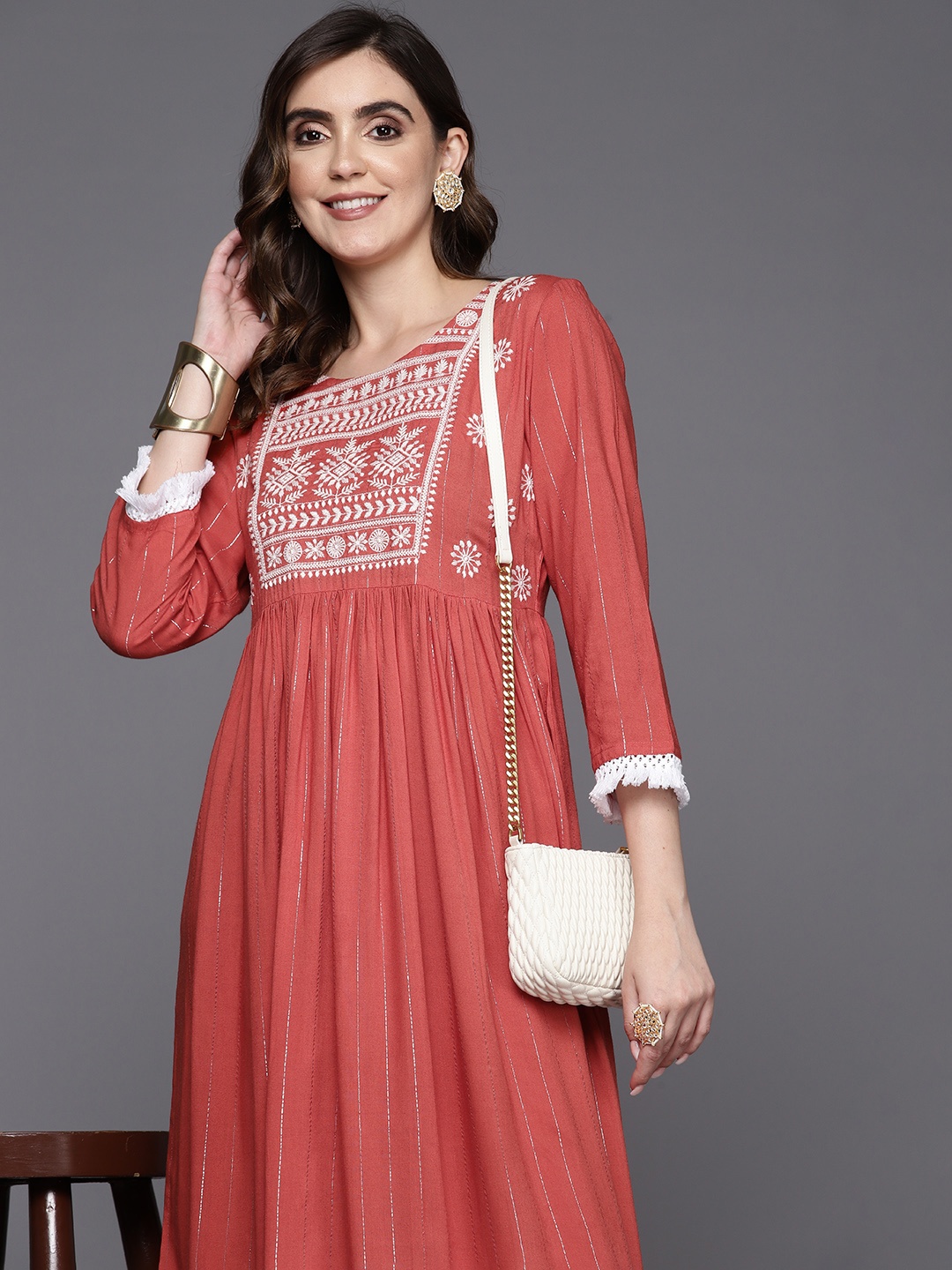 

Indo Era Embroidered A-Line Midi Dress, Rust
