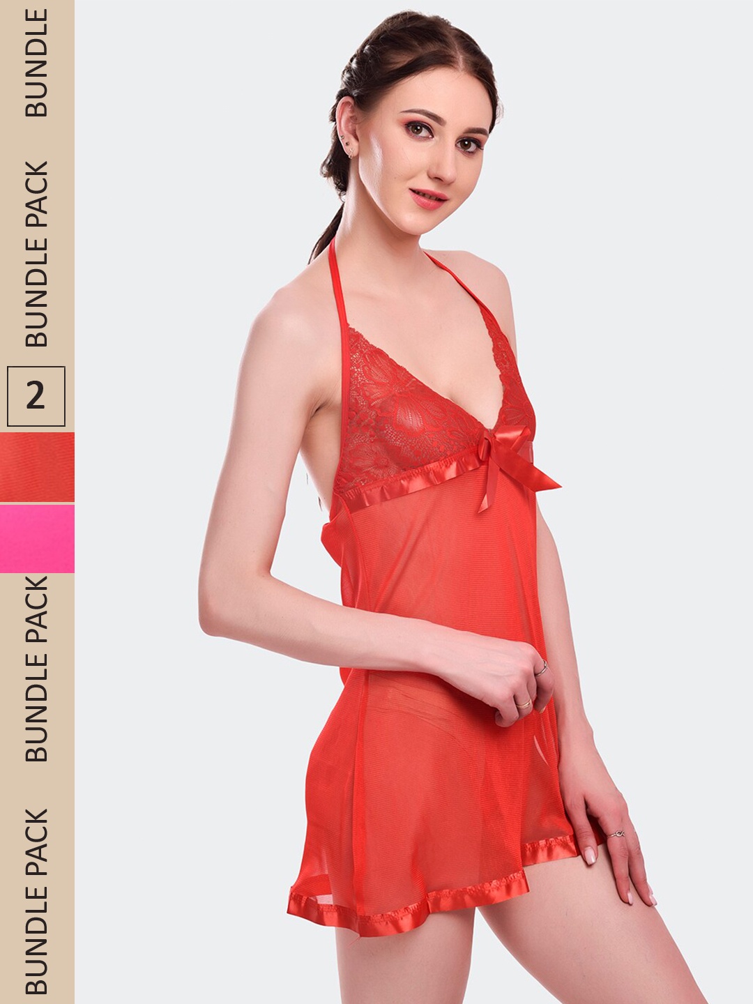 

Fleurt Pack Of 2 Halter Neck Baby Doll, Red