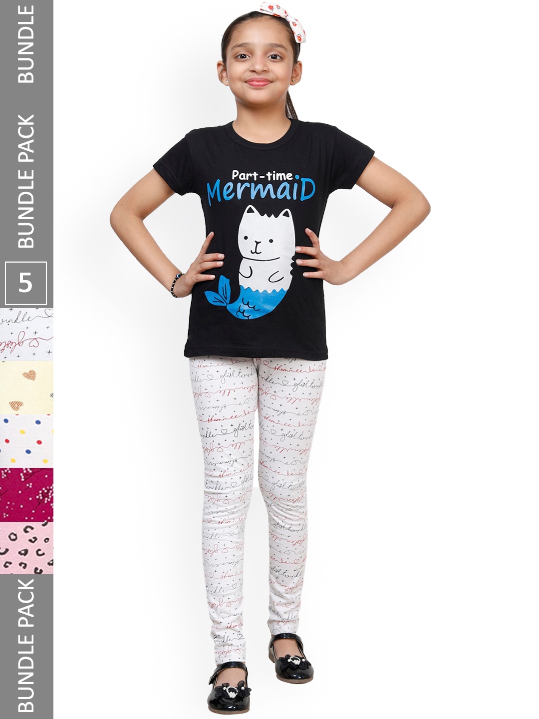 

IndiWeaves Girls Pack Of 5 Printed Cotton Chuirdar Length Leggings, White