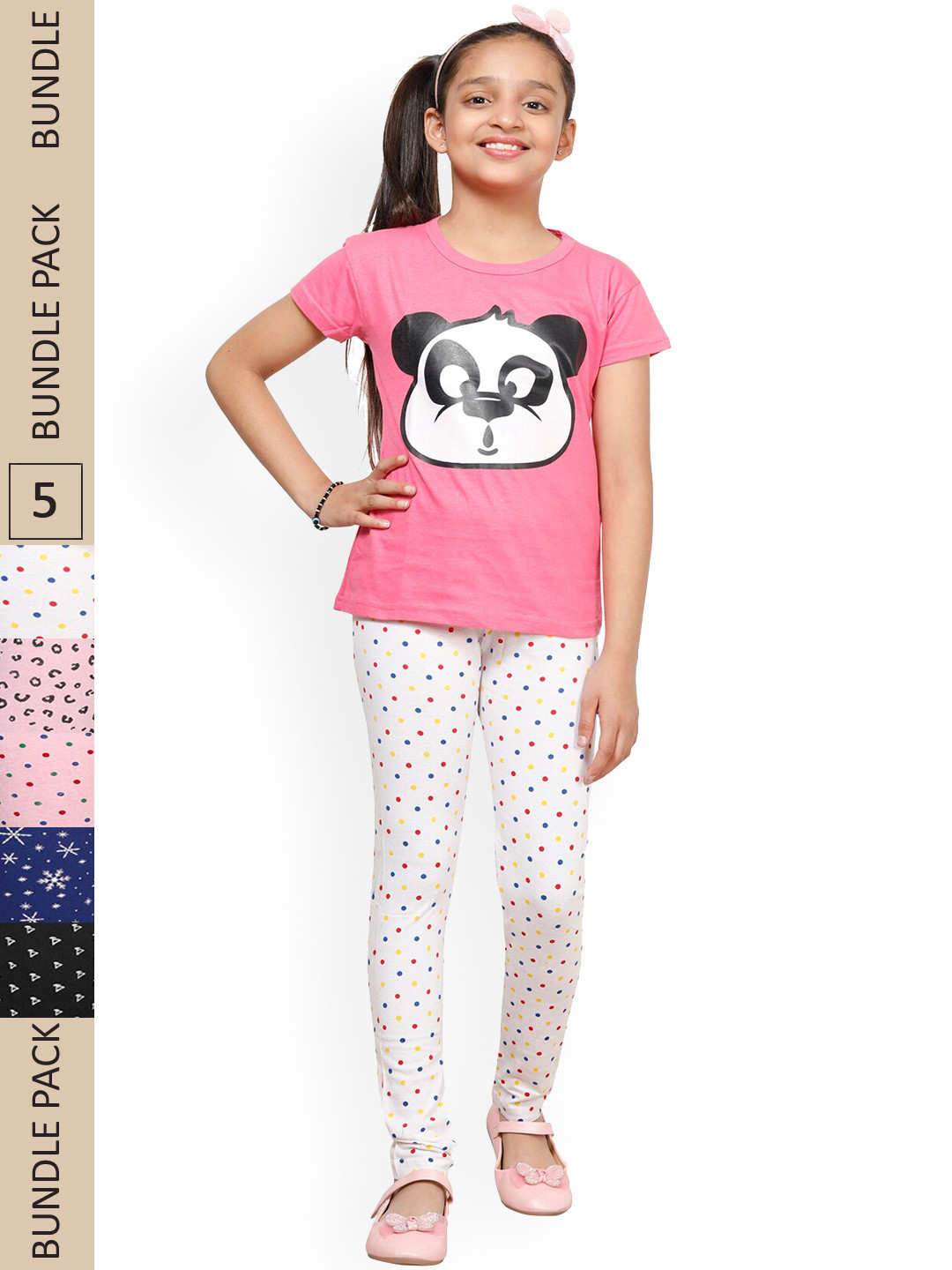 

IndiWeaves Girls Pack Of 5 Printed Pure Cotton Ankle-Length Leggings, Pink