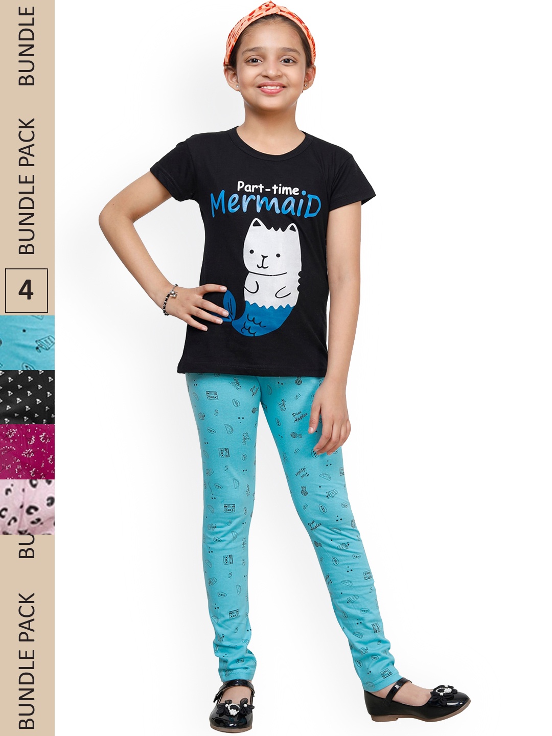 

IndiWeaves Girls Pack Of 4 Printed Pure Cotton Churidar Length Leggings, Blue