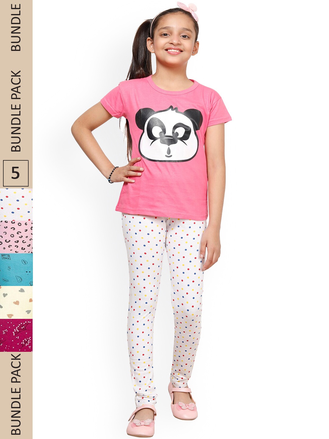 

IndiWeaves Girls Pack Of 5 Printed Pure Cotton Churidar Length Leggings, White