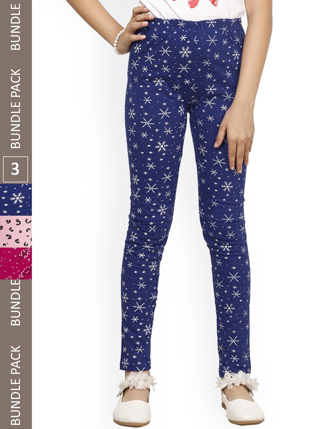 

IndiWeaves Girls Pack Of 3 Printed Pure Cotton Churidar Length Leggings, Navy blue