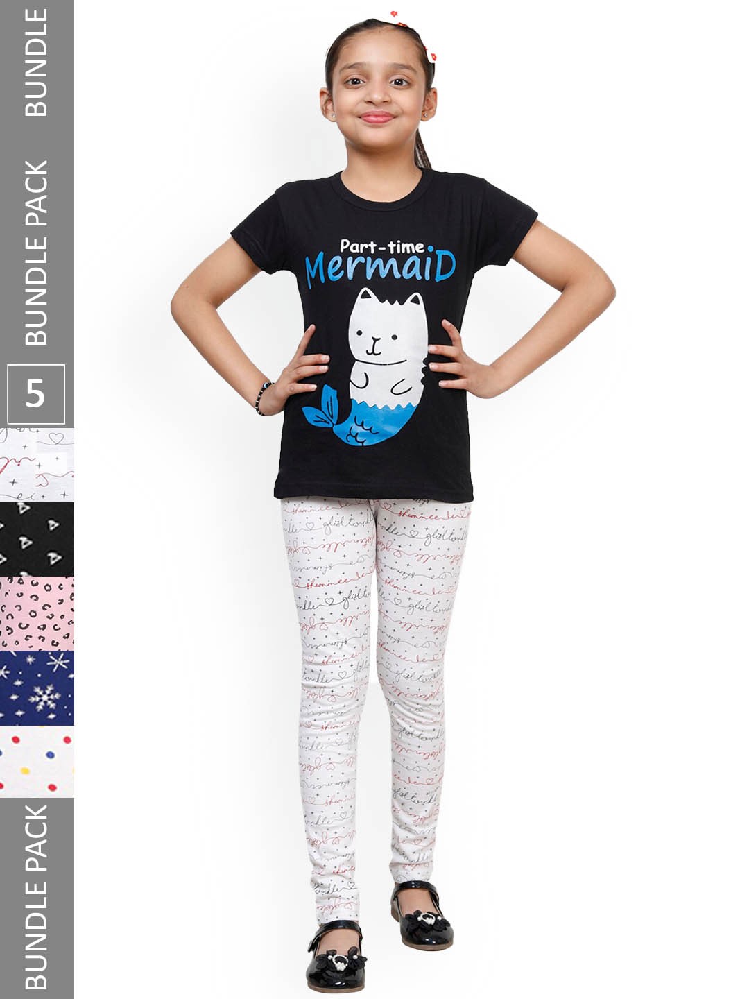 

IndiWeaves Girls Pack Of 5 Conversational Printed Pure Cotton Ankle Length Leggings, Black