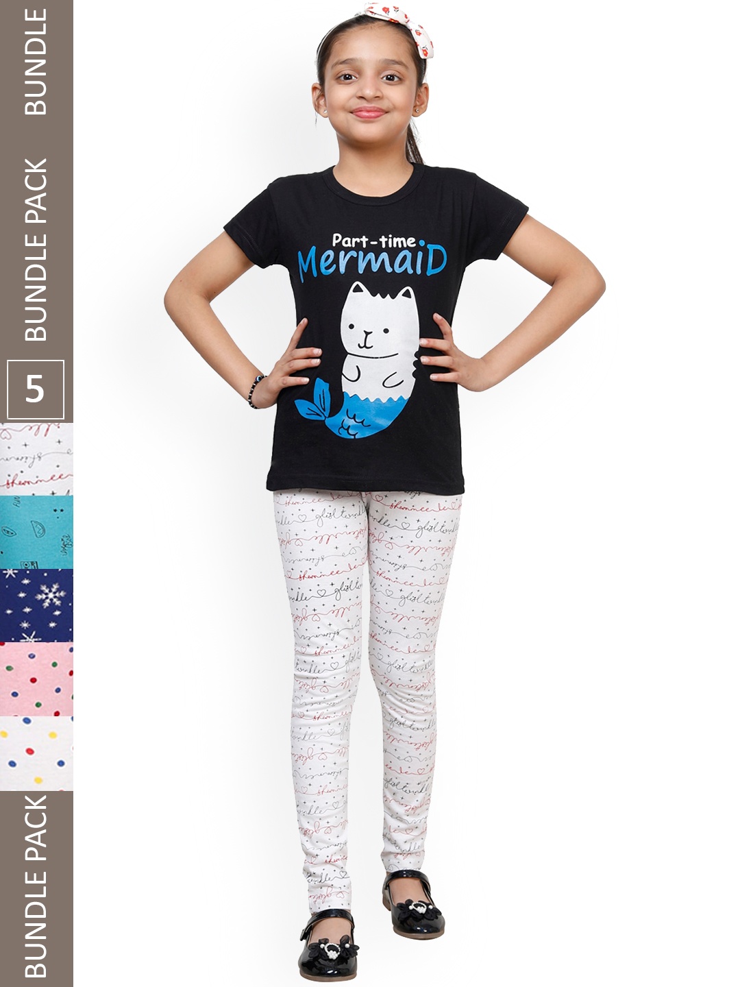 

IndiWeaves Girls Pack Of 5 Conversational Printed Pure Cotton Ankle Length Leggings, Blue