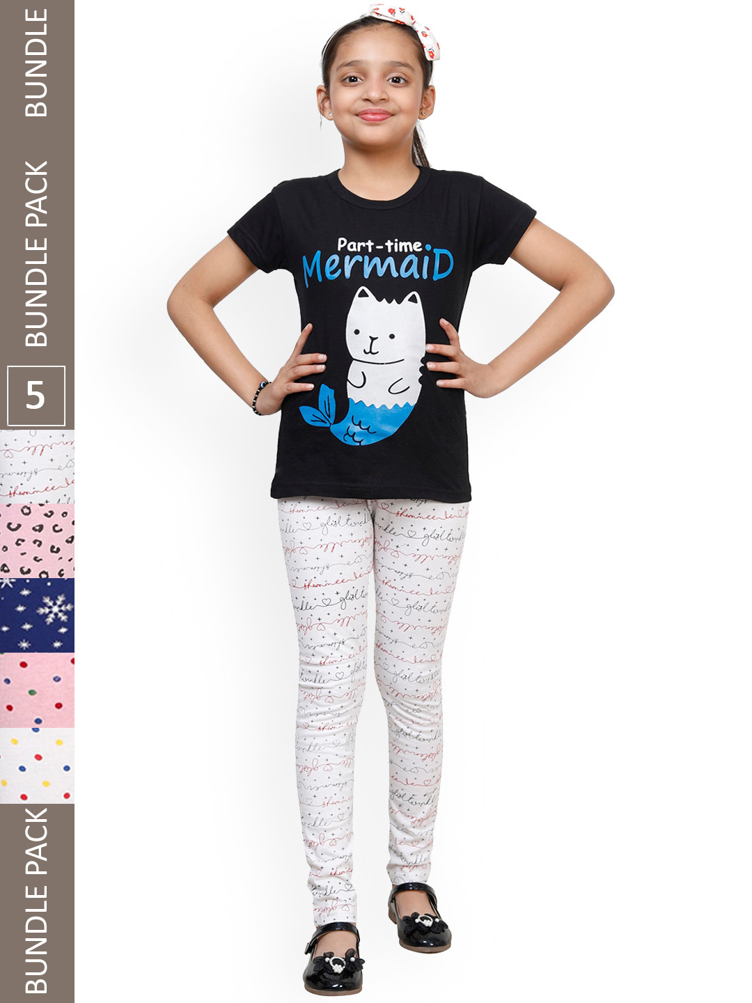 

IndiWeaves Girls Pack Of 5 Conversational Printed Pure Cotton Ankle Length Leggings, White