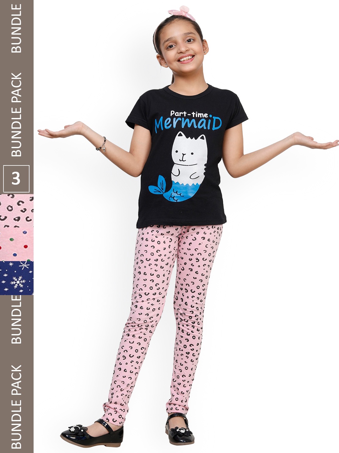

IndiWeaves Girls Pack Of 3 Conversational Printed Pure Cotton Ankle Length Leggings, Pink