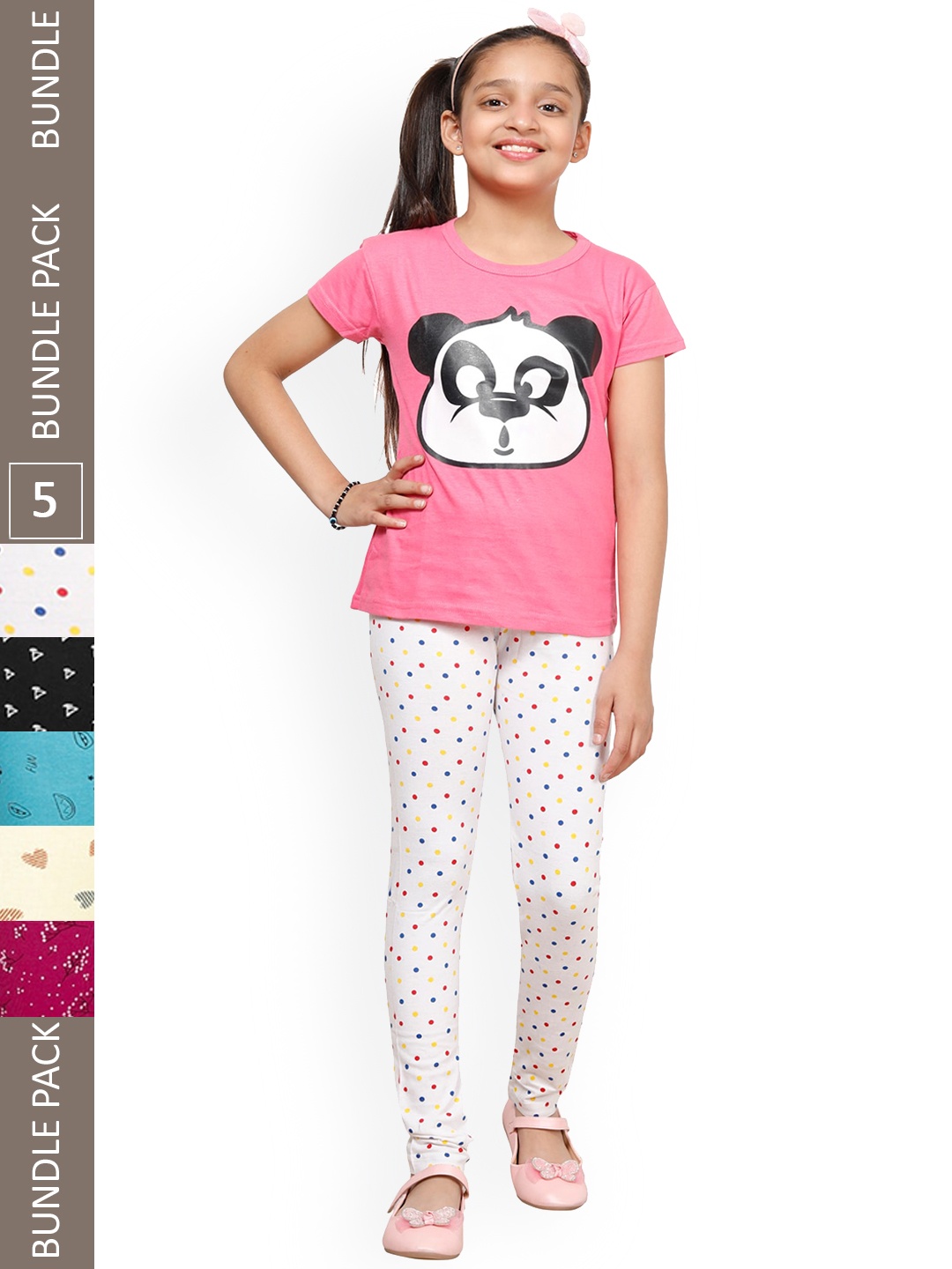 

IndiWeaves Girls Pack Of 5 Printed Pure Cotton Churidar Length Leggings, White