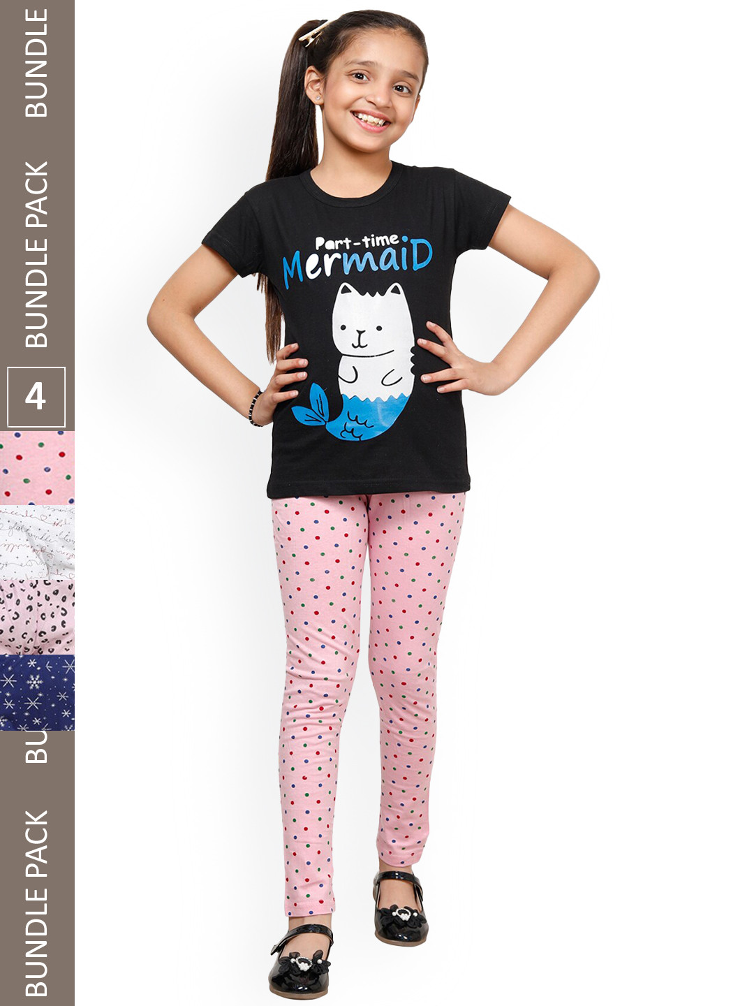 

IndiWeaves Girls Pack Of 4 Printed Pure Cotton Churidar Length Leggings, White