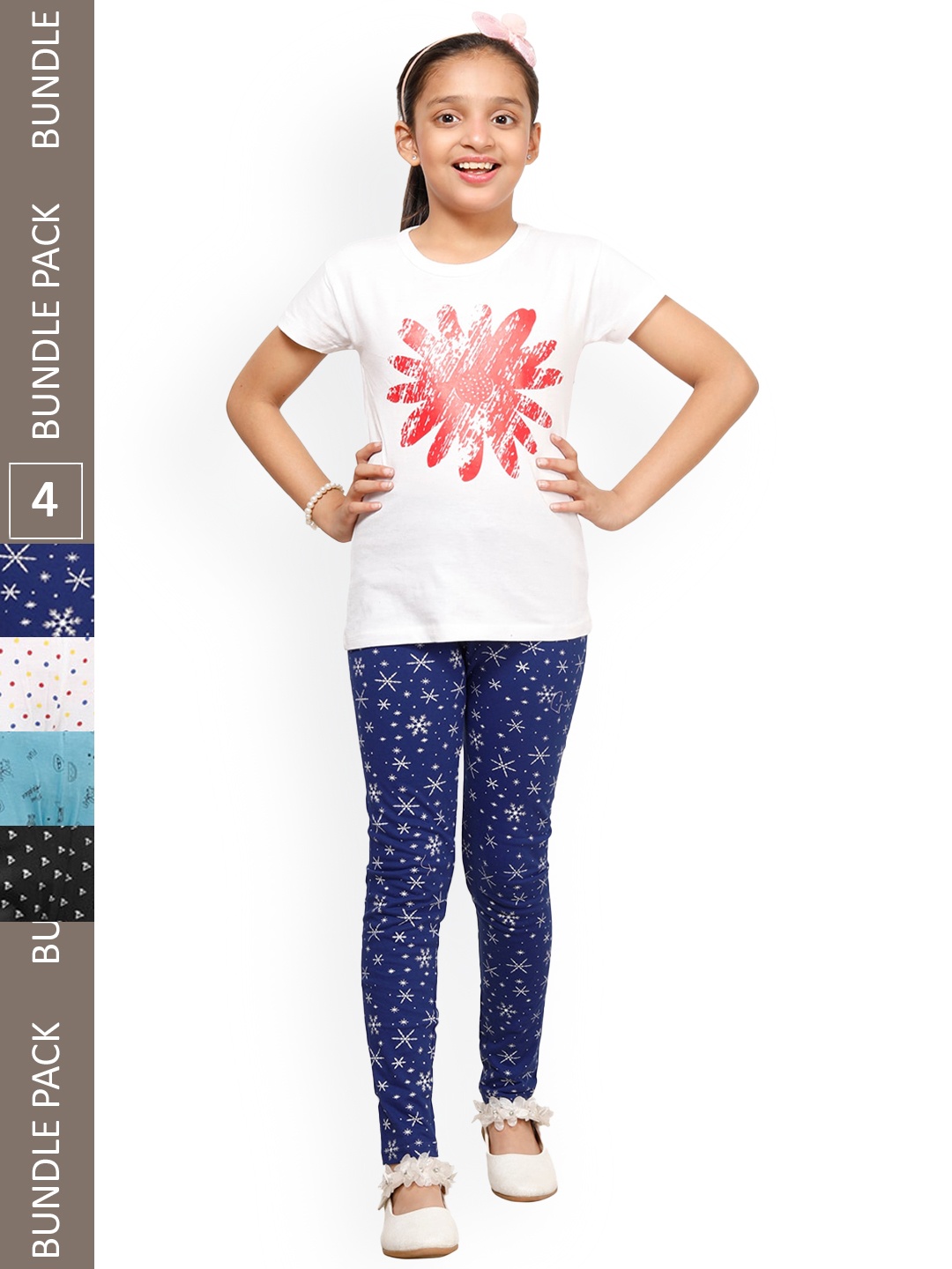 

IndiWeaves Girls Pack Of 4 Printed Pure Cotton Churidar Length Leggings, Navy blue