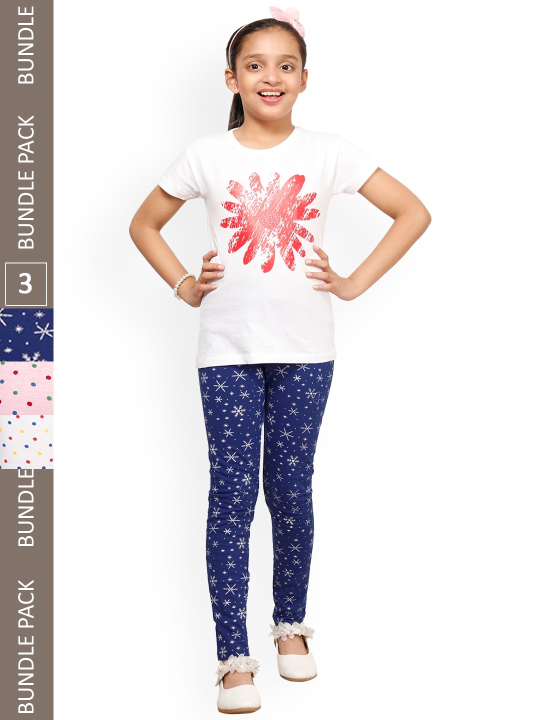

IndiWeaves Girls Pack Of 3 Printed Pure Cotton Churidar Length Leggings, Navy blue