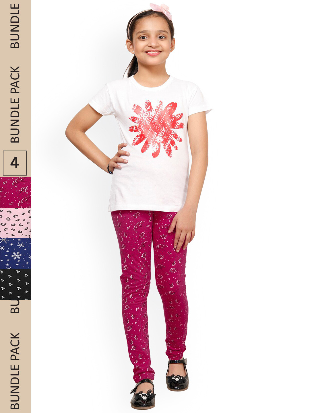 

IndiWeaves Girls Pack Of 3 Printed Pure Cotton Churidar Length Leggings, Pink