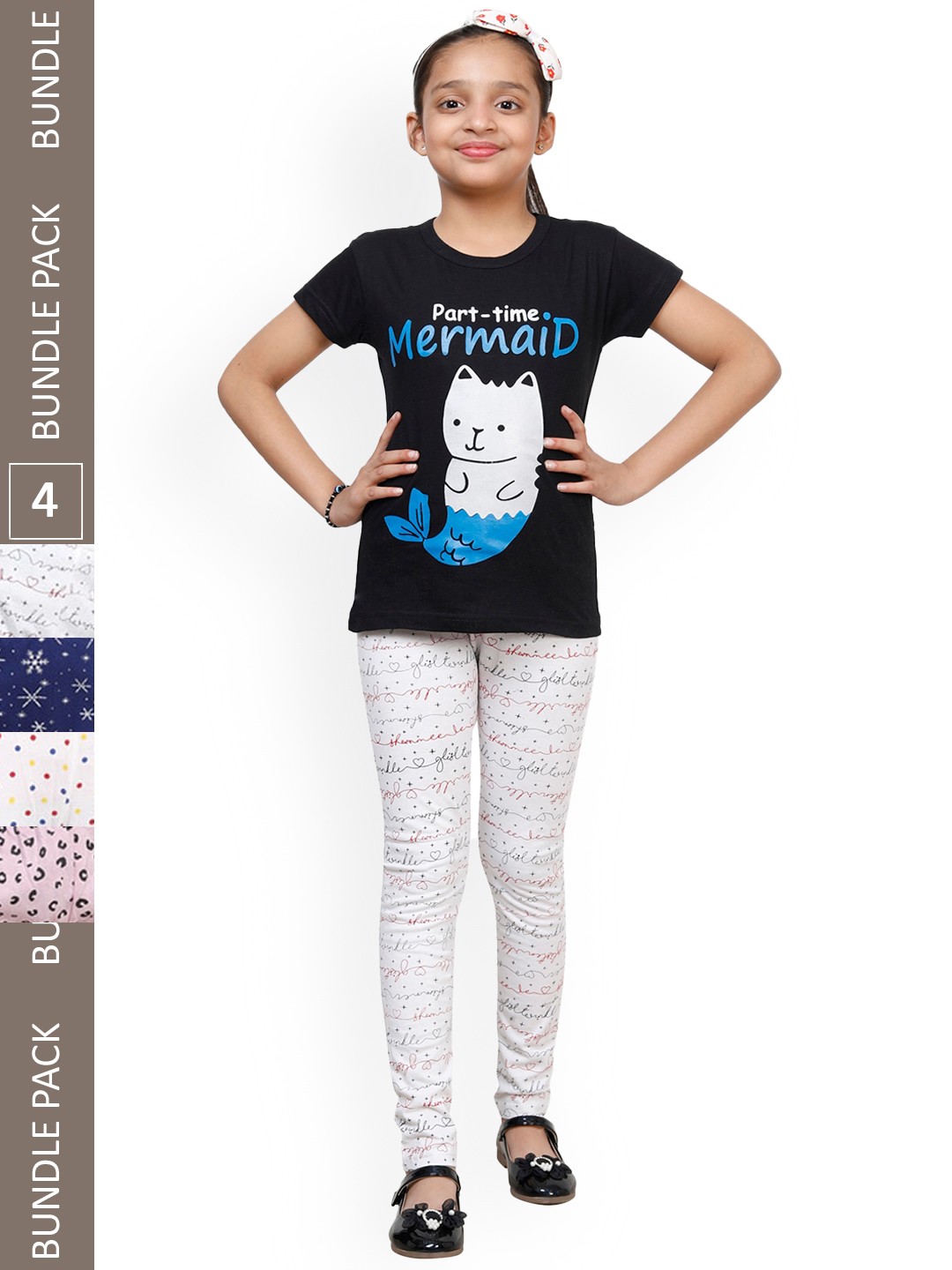 

IndiWeaves Girls Pack Of 4 Conversational Printed Pure Cotton Ankle Length Leggings, White