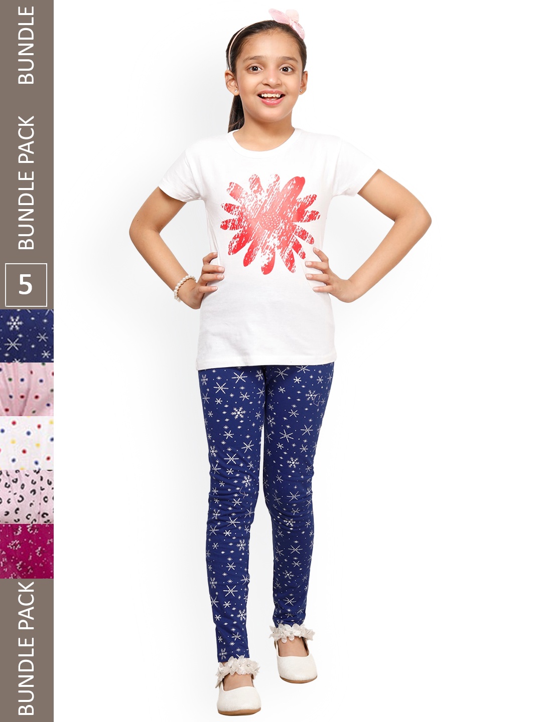 

IndiWeaves Girls Pack Of 5 Printed Cotton Churidar-Length Leggings, Navy blue