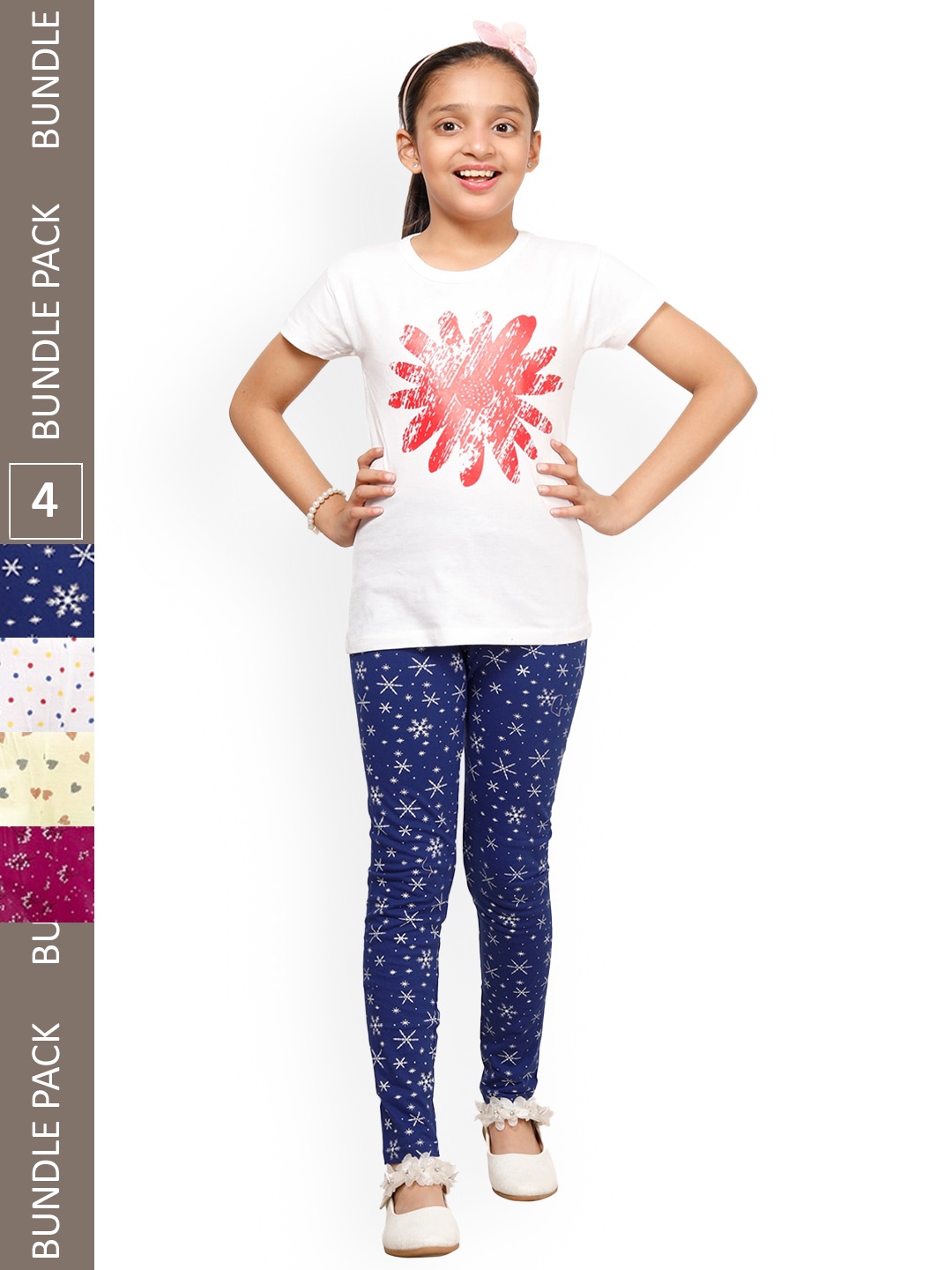 

IndiWeaves Girls Pack Of 4 Printed Cotton Churidar-Length Leggings, Navy blue