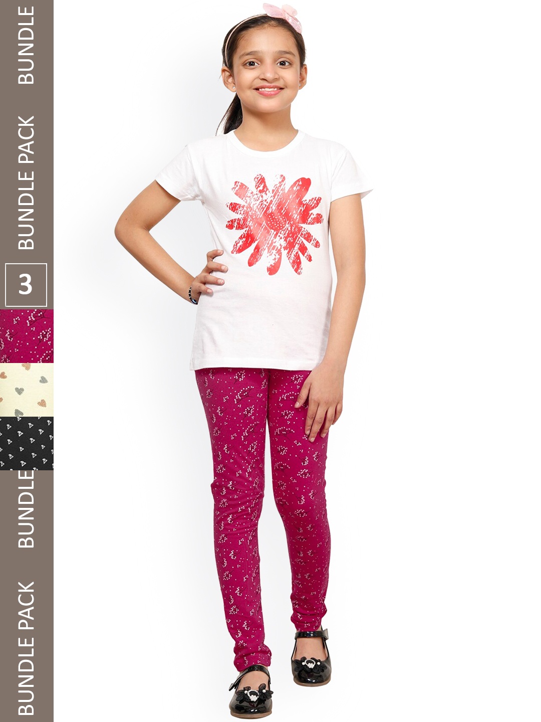 

IndiWeaves Girls Pack Of 3 Printed Cotton Churidar-Length Leggings, Magenta