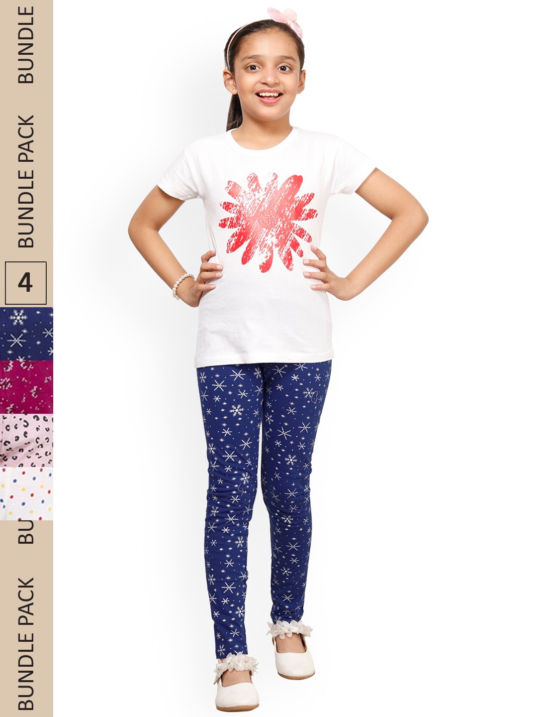 

IndiWeaves Girls Pack Of 4 Printed Ankle-Length Leggings, Navy blue