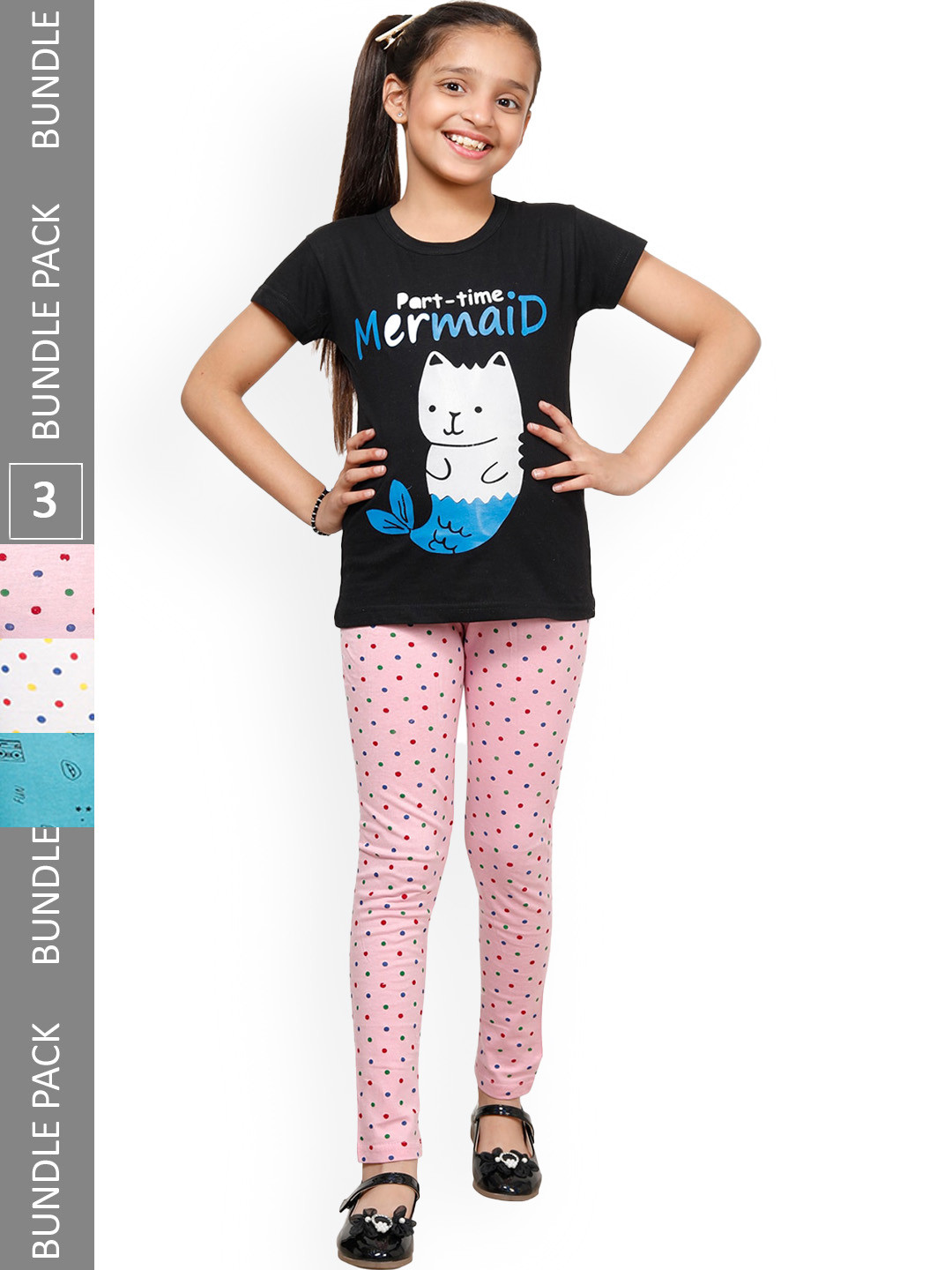 

IndiWeaves Girls Pack Of 3 Printed Cotton Churidar-Length Leggings, Peach