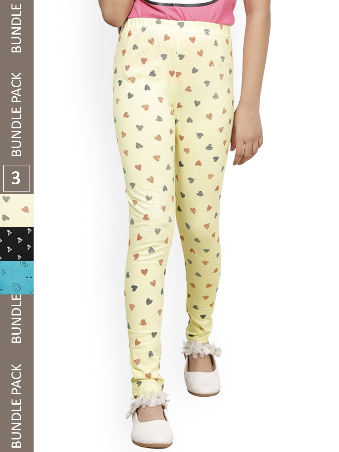 

IndiWeaves Girls Pack Of 3 Printed Cotton Churidar-Length Leggings, Yellow