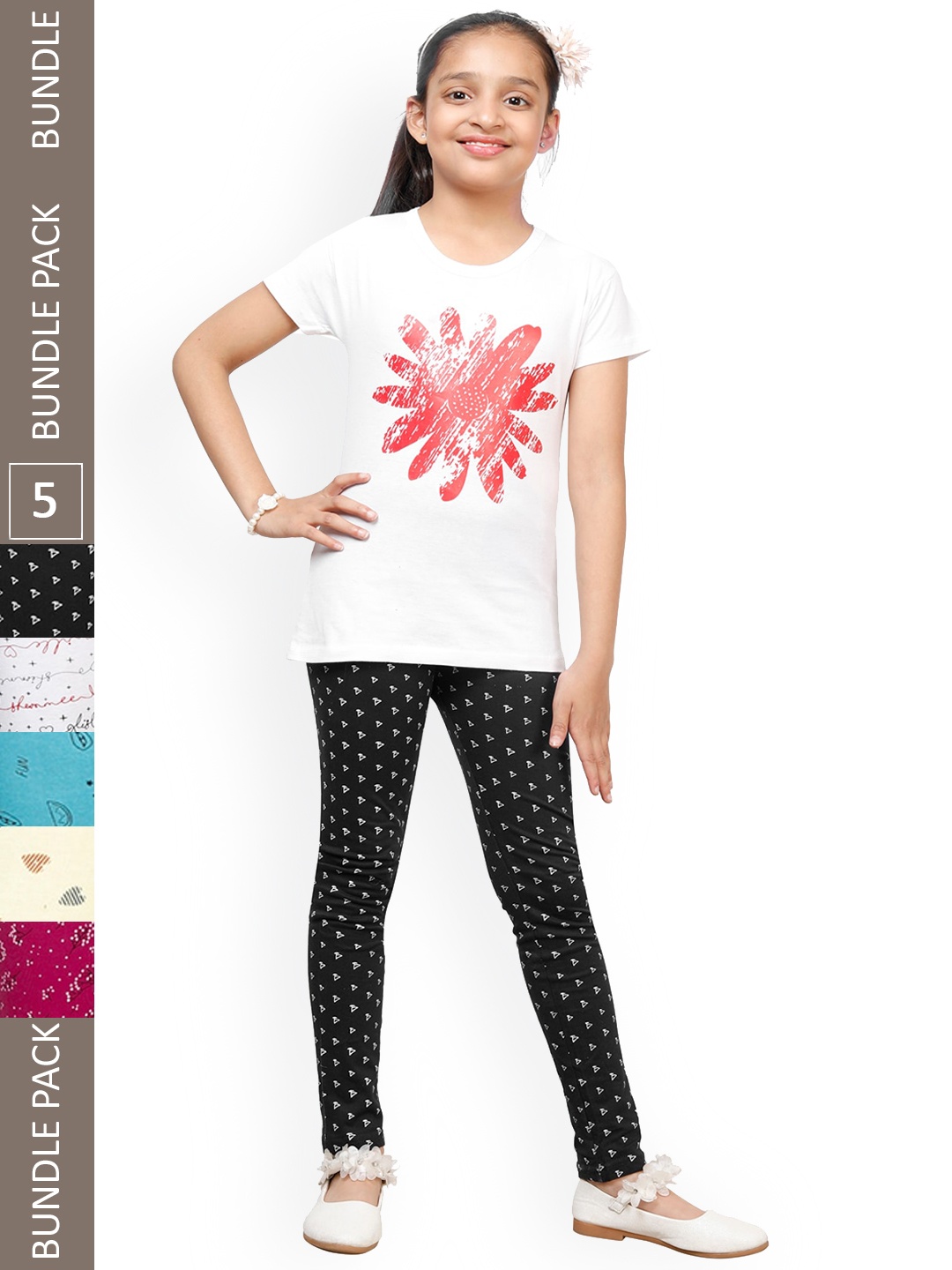 

IndiWeaves Girls Pack Of 5 Printed Churidar-Length Leggings, Black