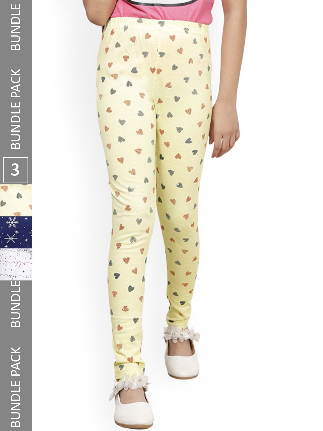 

IndiWeaves Girls Pack Of 3 Printed Cotton Ankle-Length Leggings, Yellow