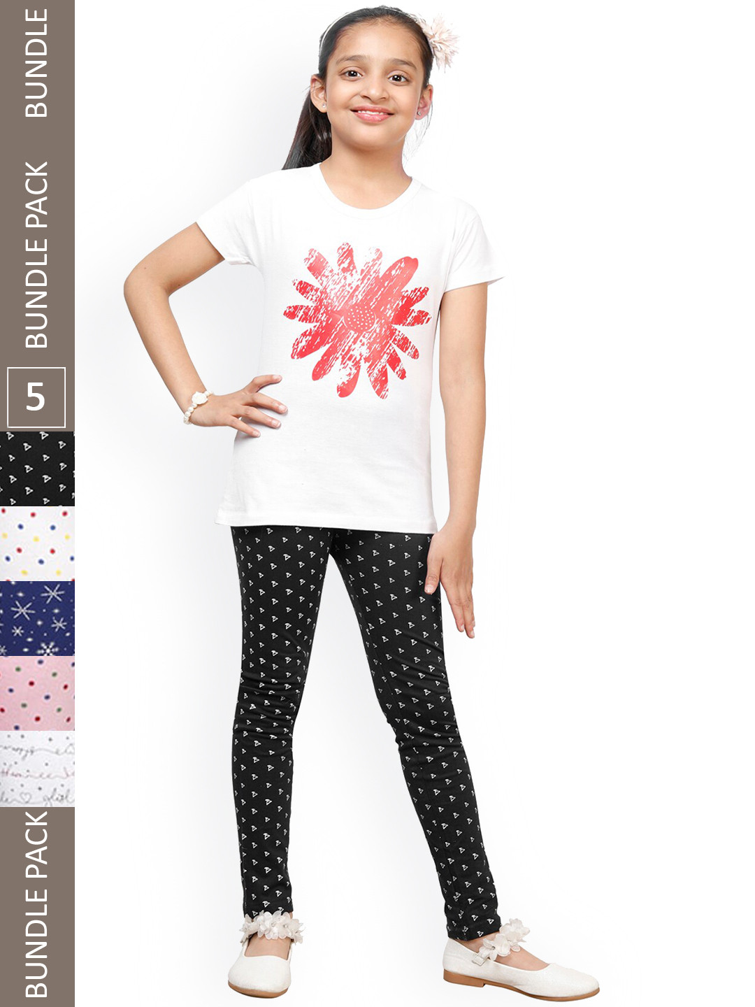 

IndiWeaves Pack Of 5 Printed Pure Cotton Churidar Length Leggings, White