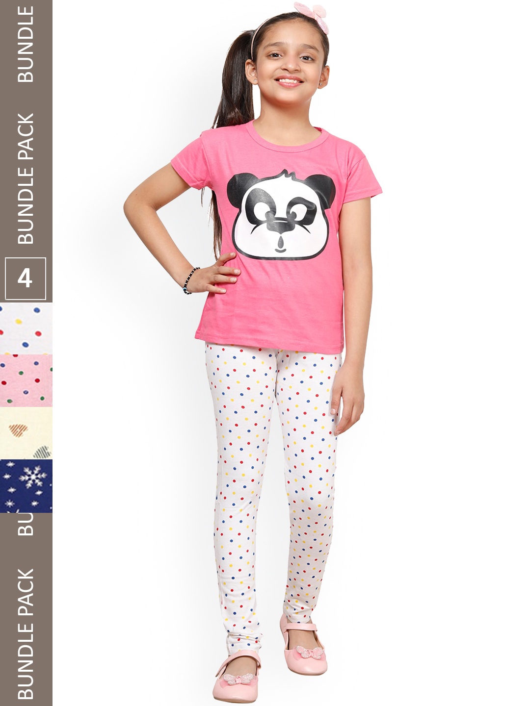 

IndiWeaves Girls Pack of 4 Printed Cotton Churidar Length Leggings, Pink