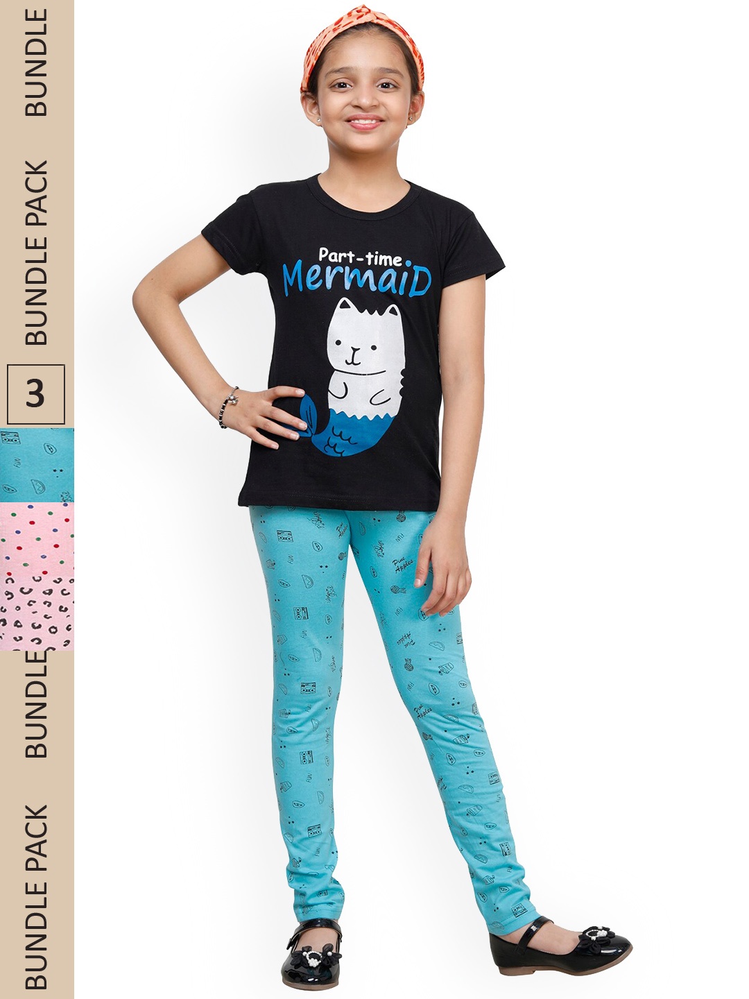 

IndiWeaves Girls Pack Of 3 Printed Pure Cotton Churidar Length Leggings, Multi