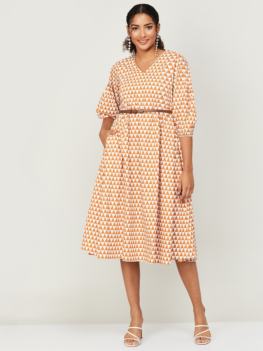 

Colour Me by Melange Polka Dot Print Puff Sleeve Fit & Flare Dress, Off white