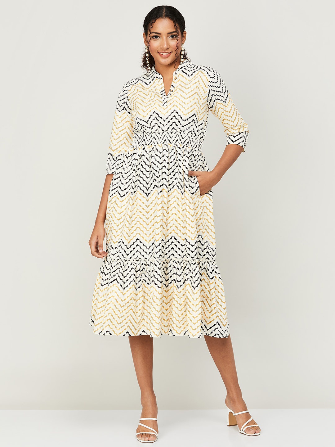 

Colour Me by Melange Striped Pure Cotton Fit & Flare Midi Dress, Off white