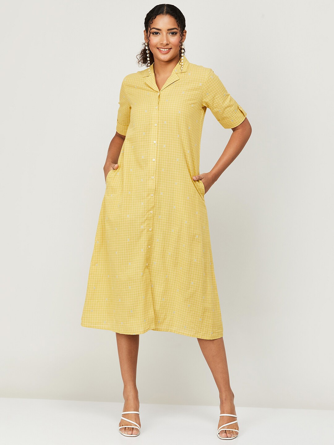 

Colour Me by Melange Checked Pure Cotton Shirt Midi Dress, Yellow