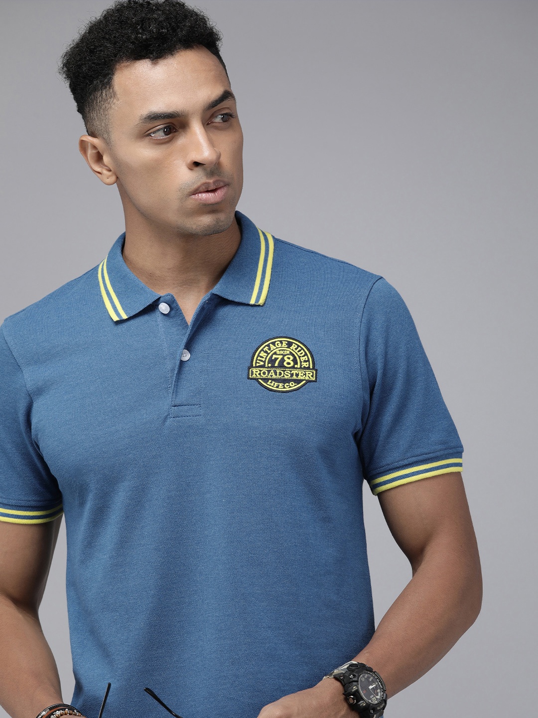 Roadster Men Typography Printed Polo Collar T-shirt, Blue