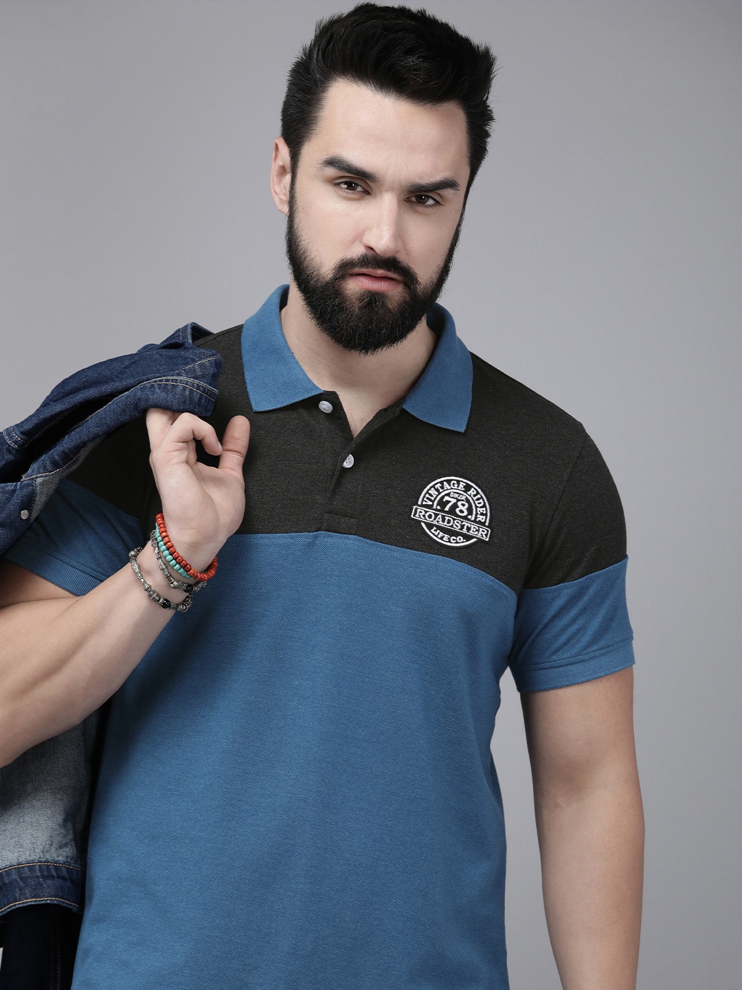 

Roadster Men Colourblocked Polo Collar T-shirt, Blue