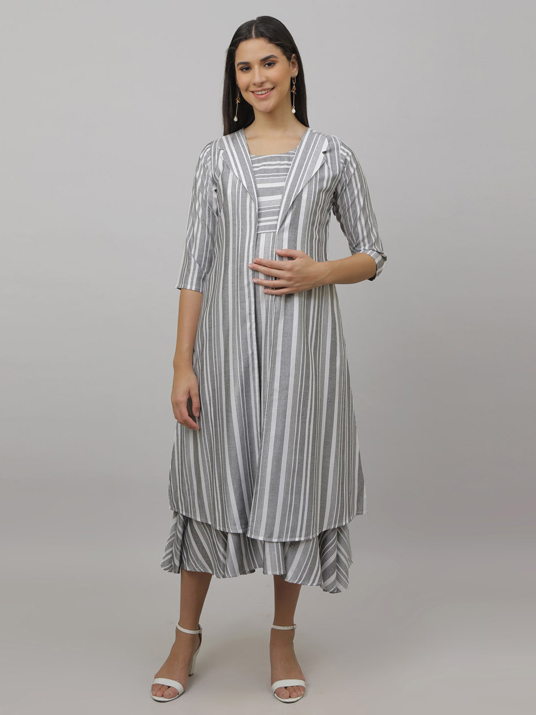 

The Mom Store Striped A-Line Midi Maternity and Nursing Dress With Jacket, Grey