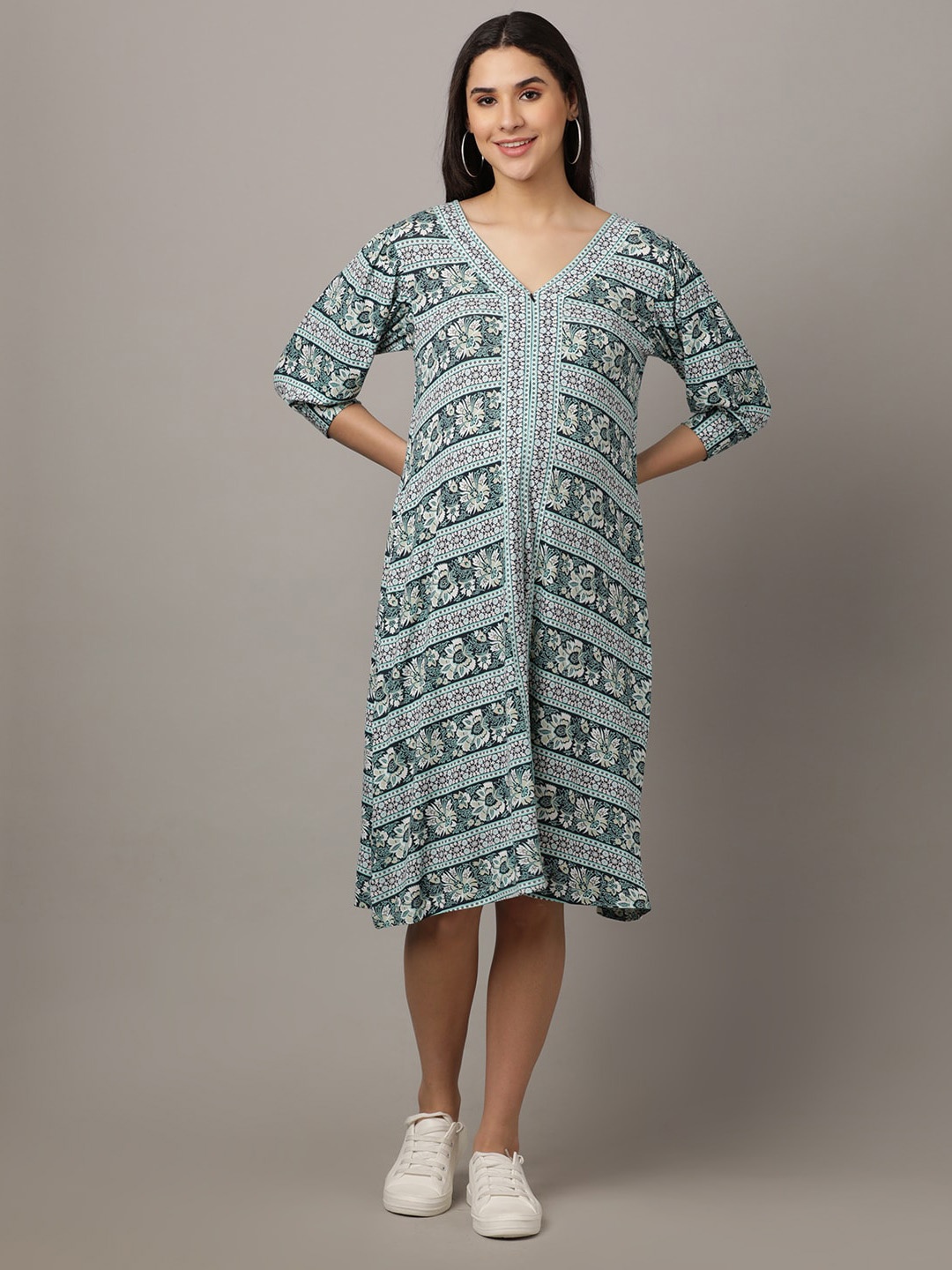 

The Mom Store Ethnic Motifs Printed Maternity Cotton A-Line Dress, Teal