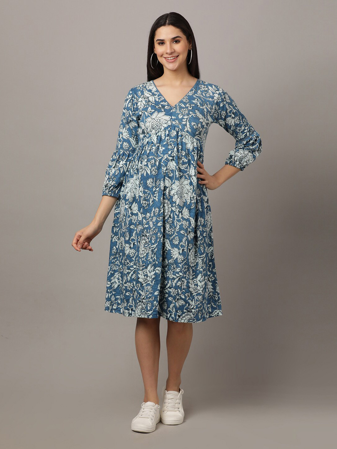 

The Mom Store Floral Printed Midi Maternity Cotton A-Line Dress, Blue