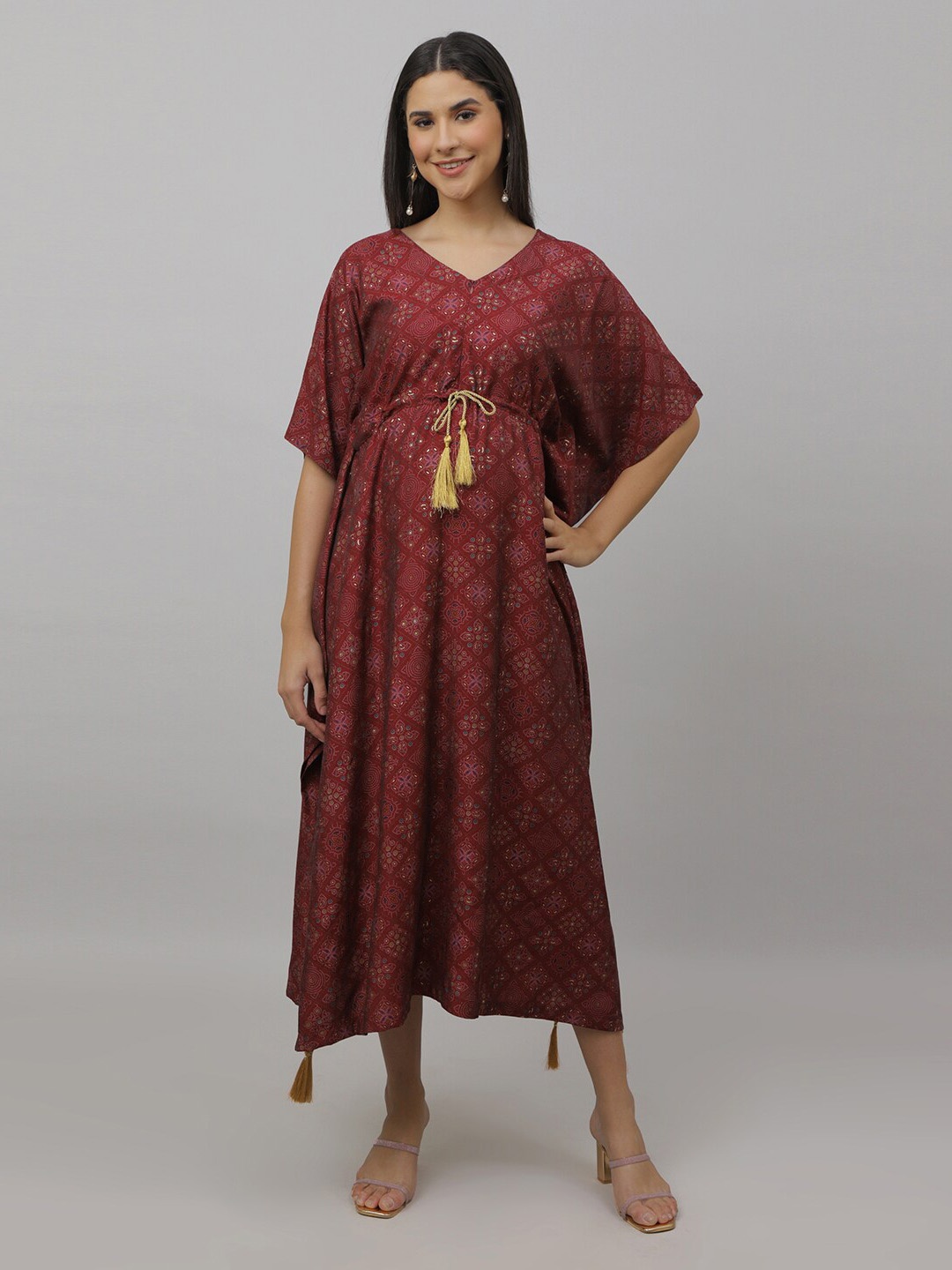 

The Mom Store Ethnic Motifs Printed Maternity Cotton Kaftan Midi Dress, Maroon