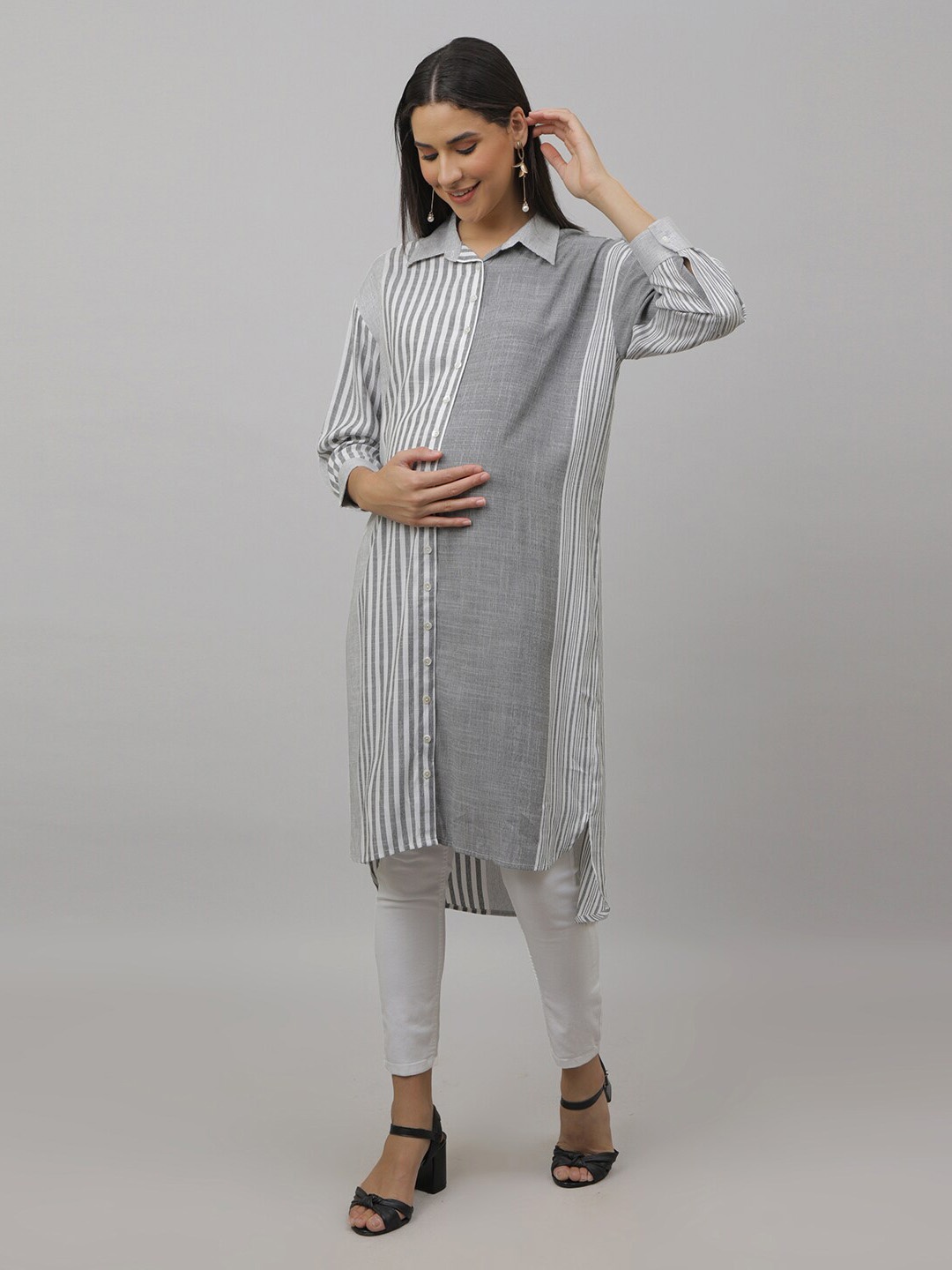 

The Mom Store Striped Midi Maternity Cotton A-Line Dress, White