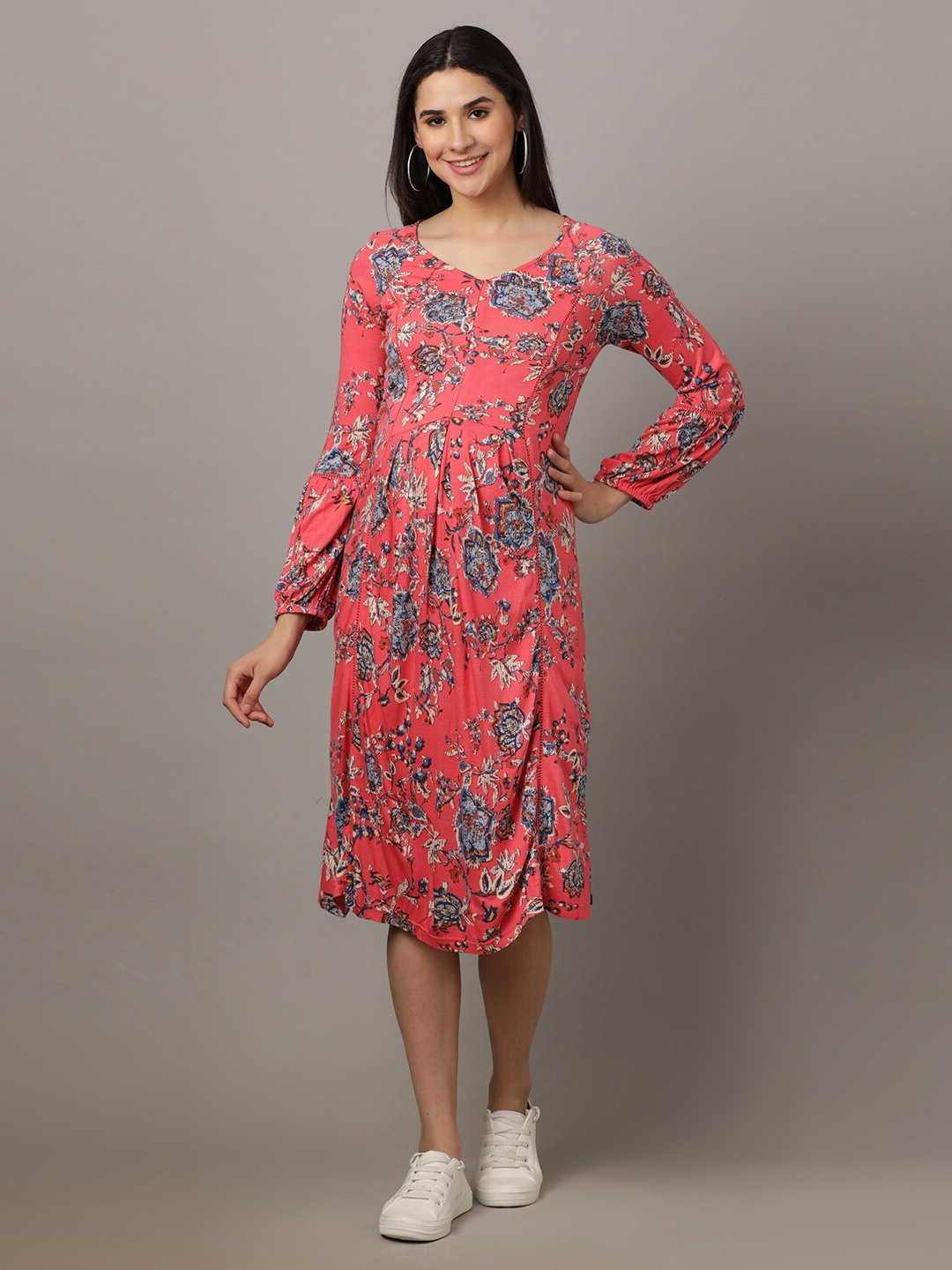 

The Mom Store Floral Printed Puff Sleeve A-Line Maternity Dress, Pink