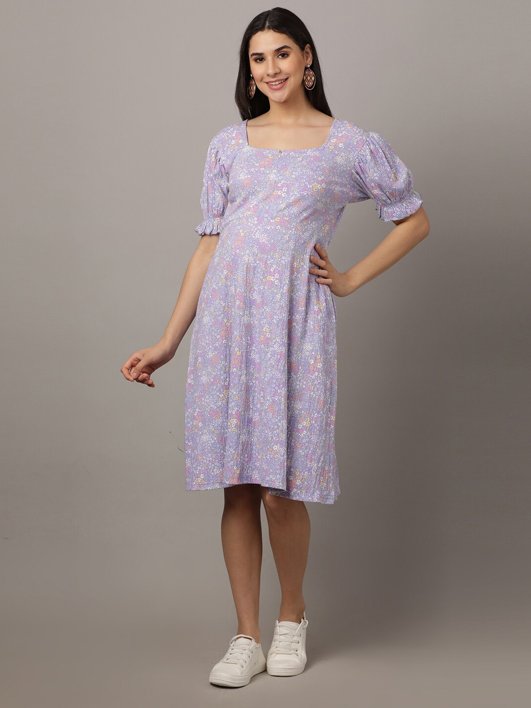 

The Mom Store Floral Printed Maternity Cotton A-Line Dress, Lavender
