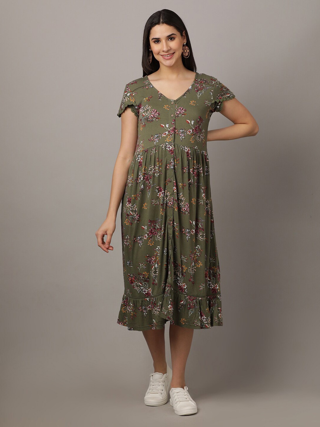 

The Mom Store Floral Printed Maternity Cotton A-Line Midi Dress, Olive
